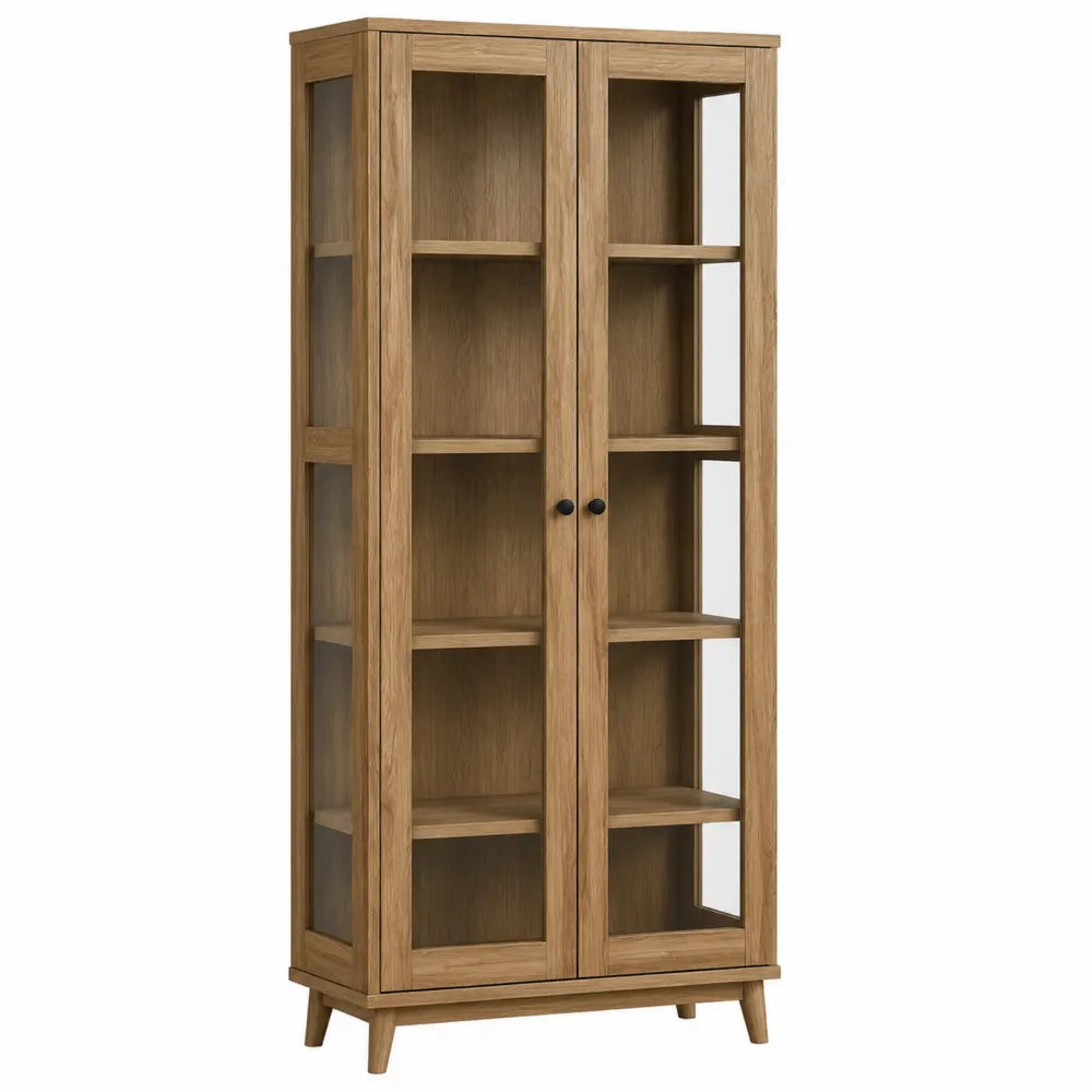 Estantería de madera natural con puertas de vidrio templado 180x80x30 cm