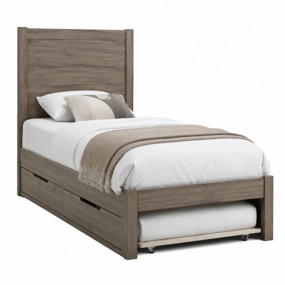 Cama individual de madera de pino con almacenamiento y cama nido marrón