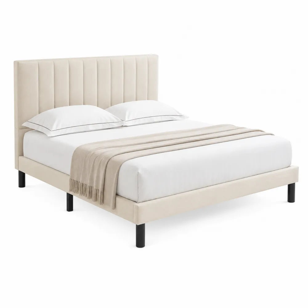 Cama tapizada beige con cabecero de paneles 200x160 cm