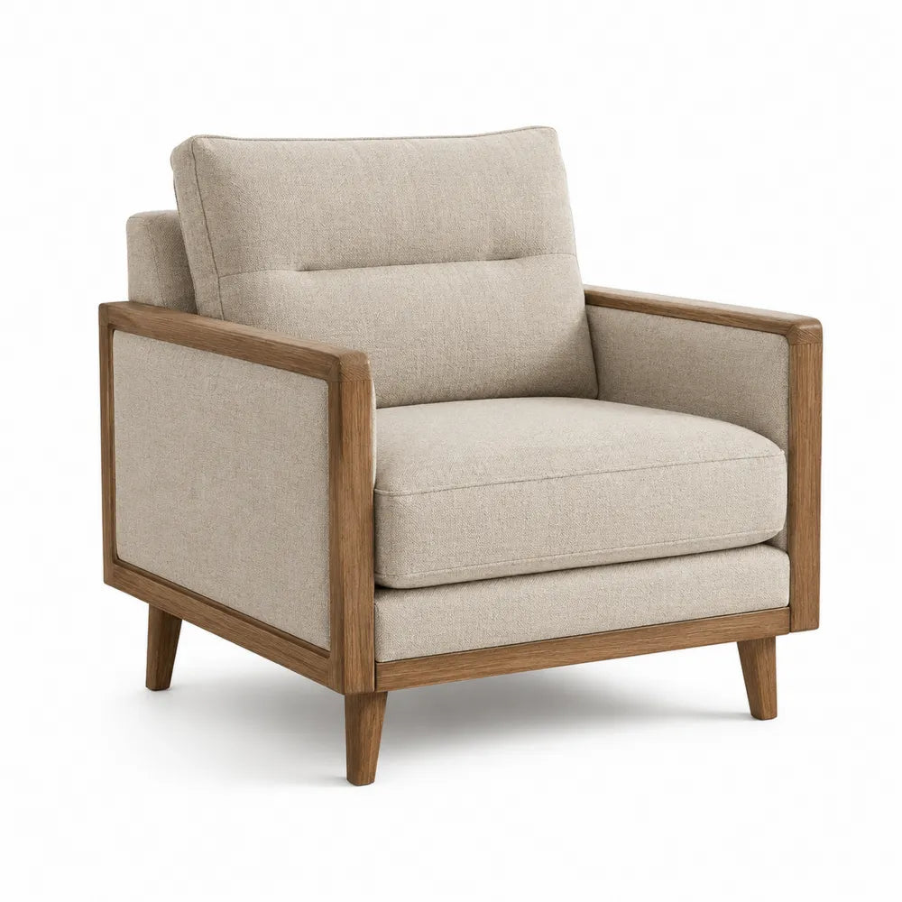 Sillón de Tela Beige con Estructura de Madera de Roble