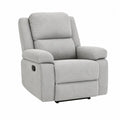 Sillón reclinable de tela gris con estructura de madera de pino