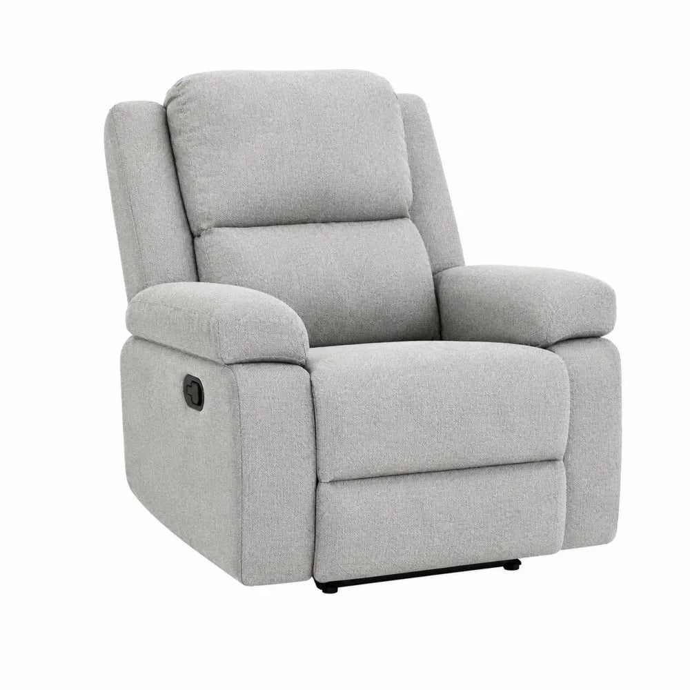 Sillón reclinable de tela gris con estructura de madera de pino