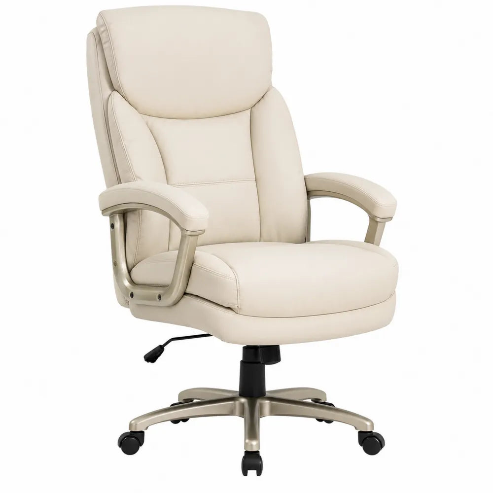 Silla de oficina de cuero sintético beige con base metálica giratoria