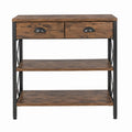 Consola de madera y metal con cajones y estantes