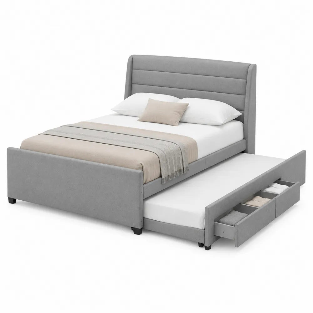 Cama de tela gris con almacenamiento y cama nido