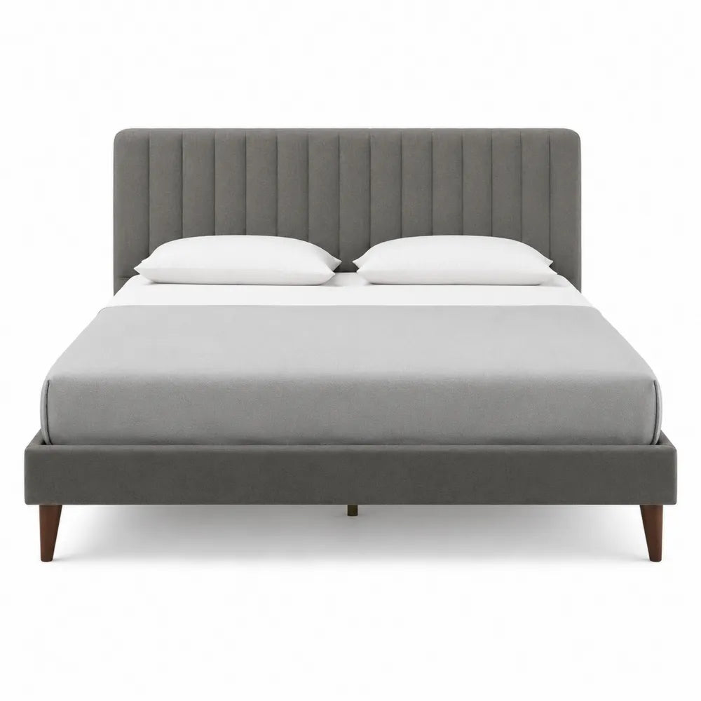 Cama tapizada en poliéster gris antracita con patas de madera