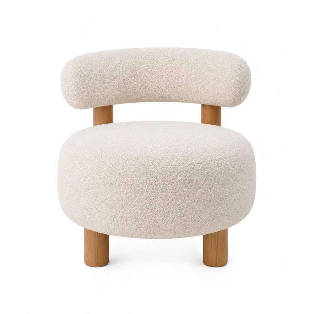Silla redonda de tela bouclé beige con patas de roble