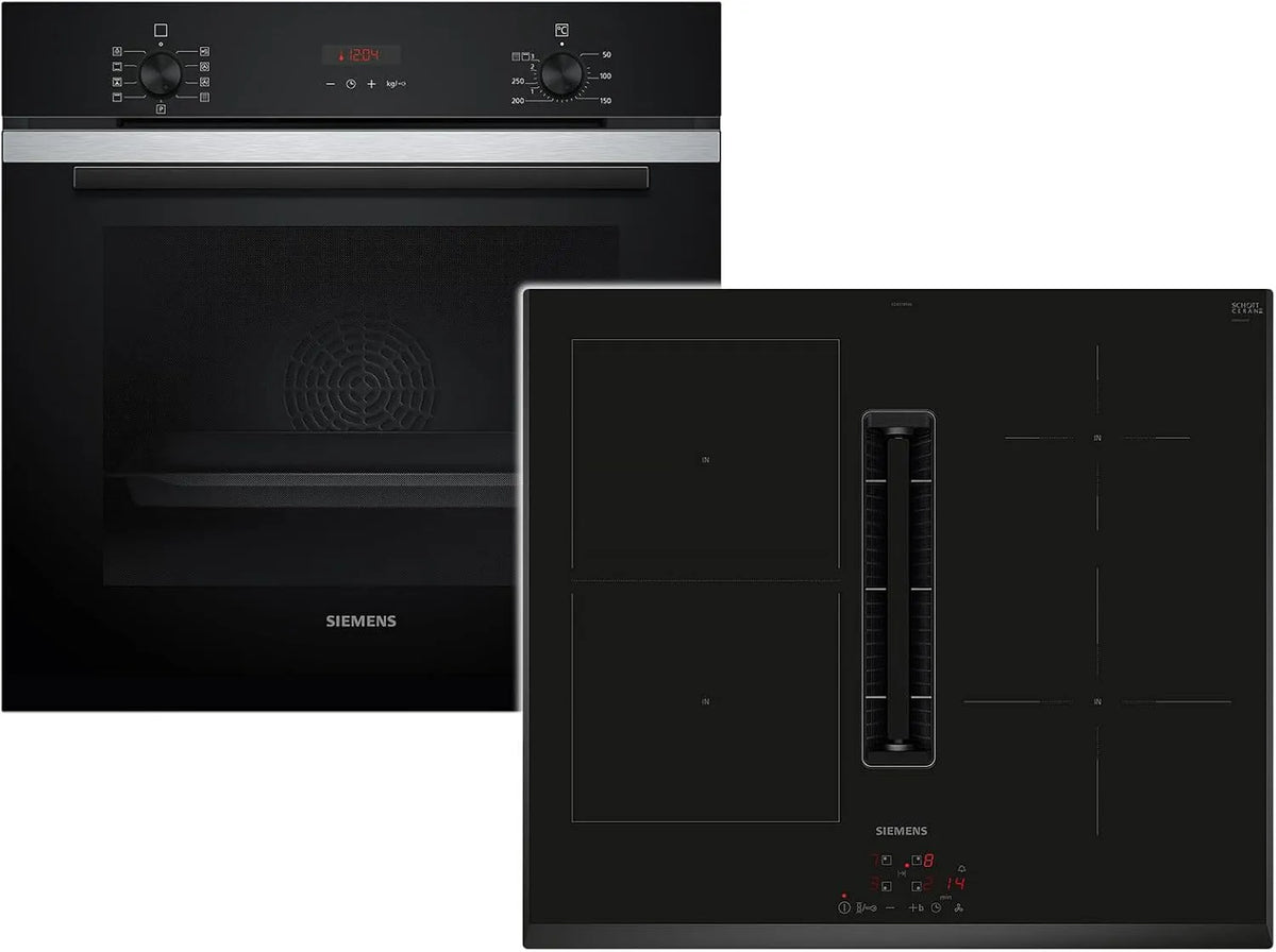 Siemens PQ312IV0SZ HB273ABS3, Komfursæt, Set Pyrolyse Bagageovn Rustfrit stål + Induction Coougar Fume ED651BS16E, Sølv, 60 cm, 71 l, 9 v