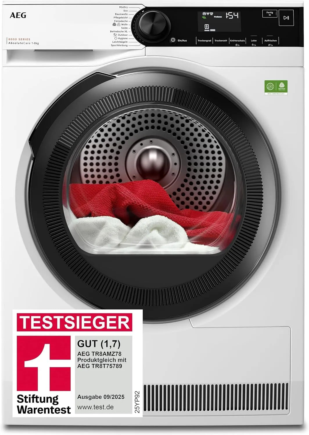 AEG TR8AMZ78, Varmepumpetørretumblere, varmepumpe tørretumbler 8kg, testvinder af Stiftung Warentest 2025, ny Energiekl, Sort, 8kg