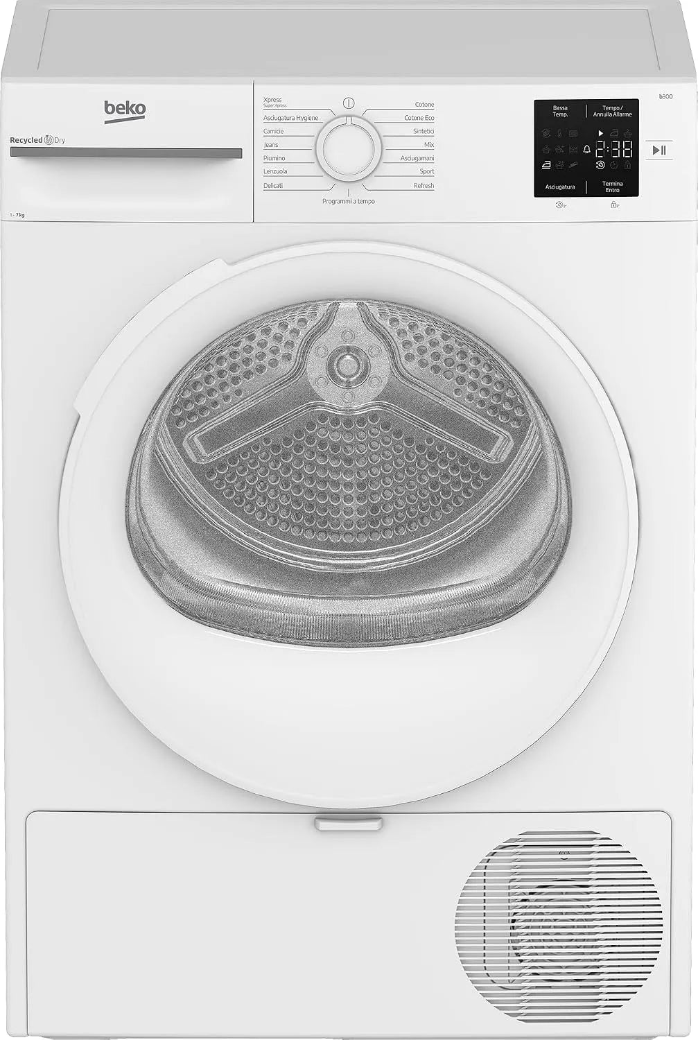 Beko BMT73EW, Varmepumpetørretumblere, tørretumbler, fritstående, 7 kg, klasse D, digitalt skærm, 12 programmer, Steam, Hvid, 846 x 59