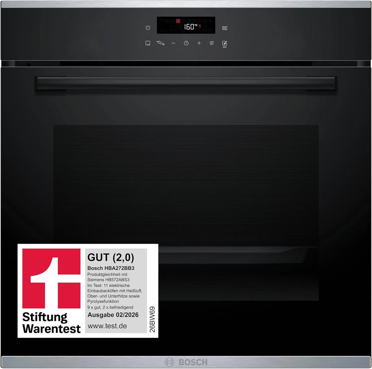 Bosch 3D-Hei HBA272BB3, Ovne, Stiftung Warentest GUT (2.0), serie 4 build- in ovn 60 x 60 cm, pyrolyse selv, Sort / sølv, 60 x 60 cm, 71 l