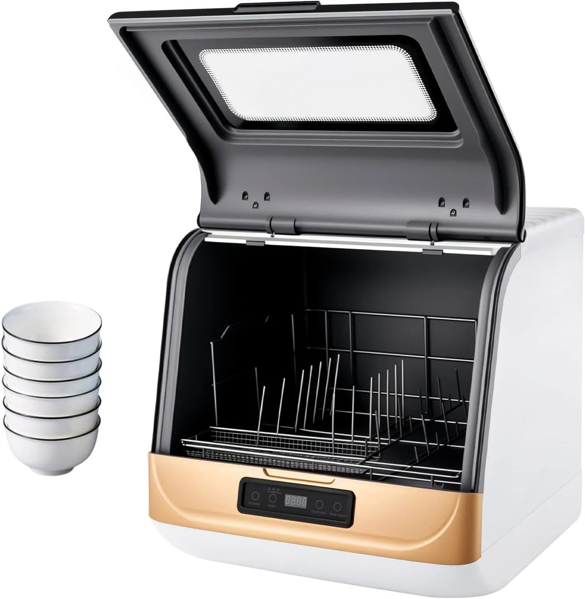Zoobotanica, Bordopvaskemaskiner, Bordopvaskemaskine, mini opvaskemaskine med 3 programmer, med vandtilslutning, Sort / guld, 44, 8cm, 220V, 800W
