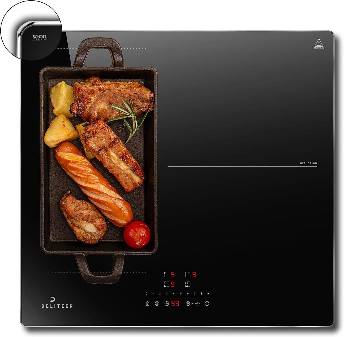 DELITEER, Kogeplader, Induktionsspole 3 plader med flex, build- in hob med ramme, Sort, 6800 W, 1800 W, 16 cm, 6, 1cm