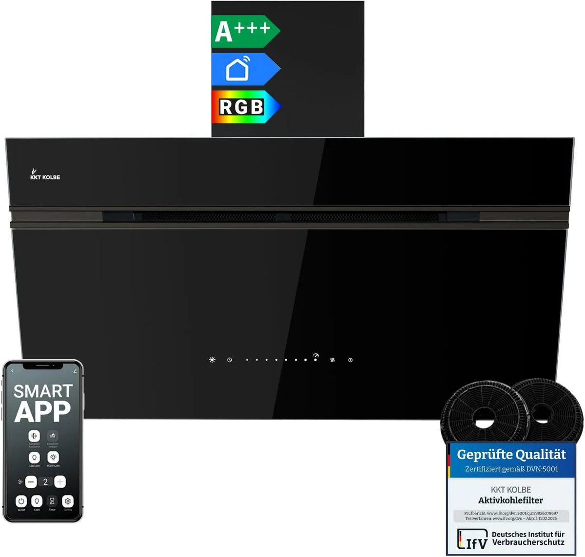 KKT KOLBE AURORA9005FB, Væghængte emhætter, KKT PISTON FLOW hætte, 90 cm head- free, Sort / sølv, 90 cm, 60 cm