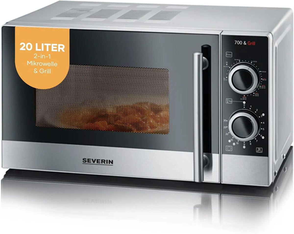 SEVERIN, Mikrobølgeovne med grill, mikroovn med grill, 20 L, 700 W, 9 strømniveauer, MW 7874, Sort / sølv, 900 W, 24, 5 cm