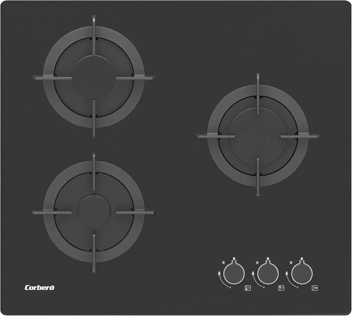 Corbero CPG306N, Kogeplader, Corberó - Glas gas kogeplade, 60 cm, 5, 45 kW, 3 zoner, laterale håndtag, Sort, 2700W, 130mm
