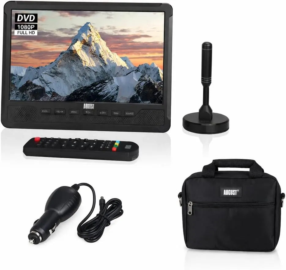 August DA383 BAG383, TV og hjemmebiograf, 10 'Bærbart HD-tv med DVD-afspiller + rejsepose + ADP100 bil oplader - Komplet, Sort, 10 ', 12V, 24V