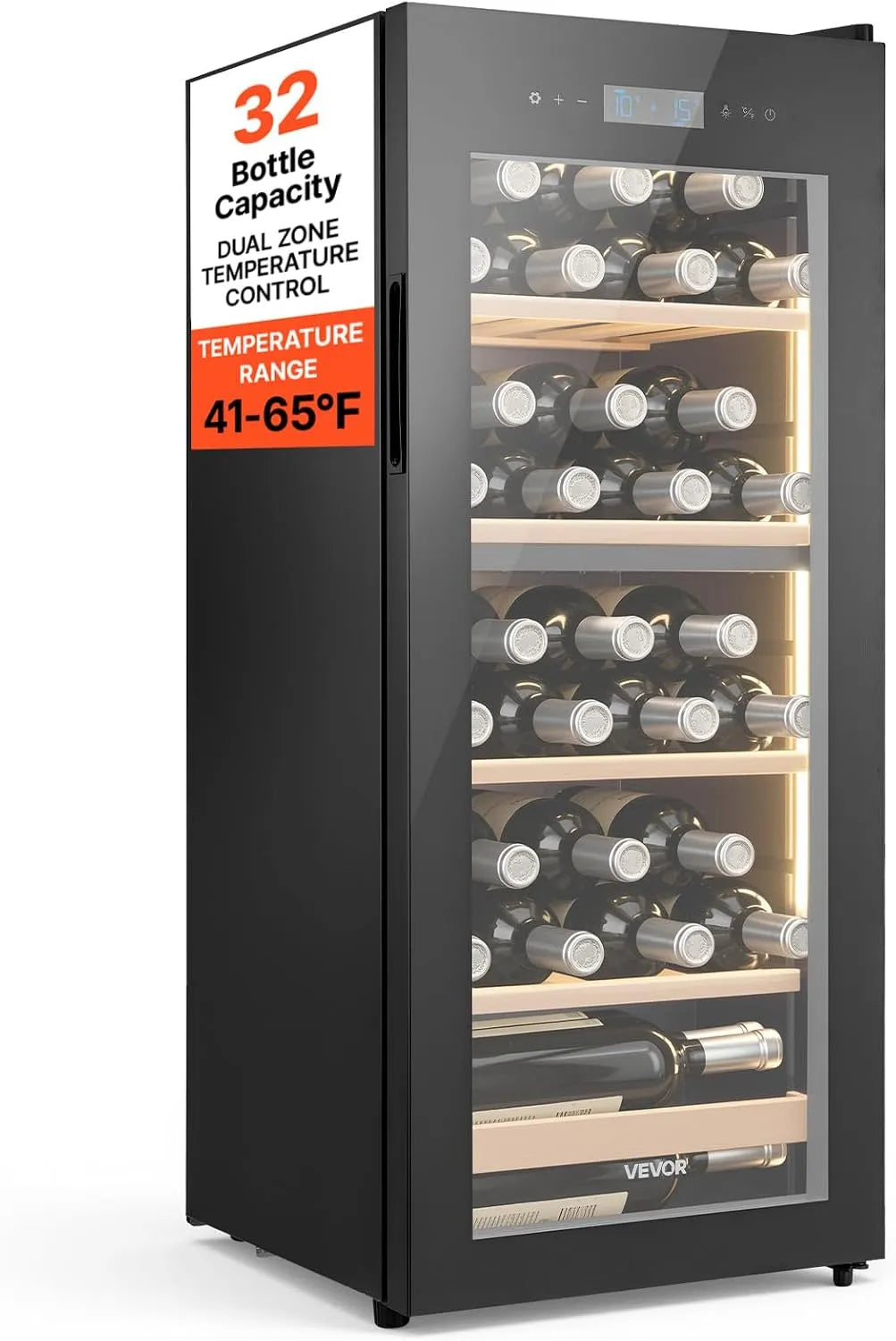 VEVOR, Vinskabe, Vin køleskab til 32 flasker, Freestanding dobbelt zone flaske køleskab, justerbar, Sort, 39 dB