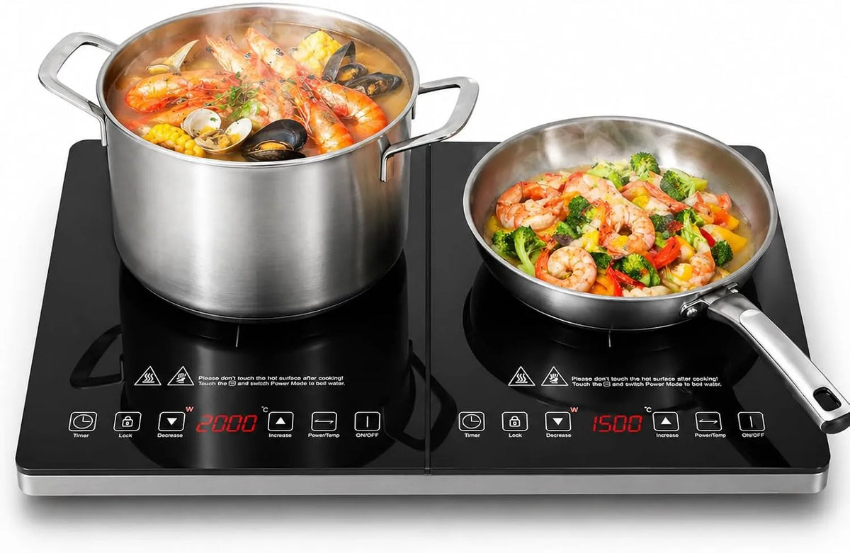 AMZCHEF 3-Stunden-Timer, Kogeplader, induktionsspole 2 plader, 3500W induktionsspole 2 plader med uafhængig kontrol, Sort, 3500W, 100 W, 2000 W