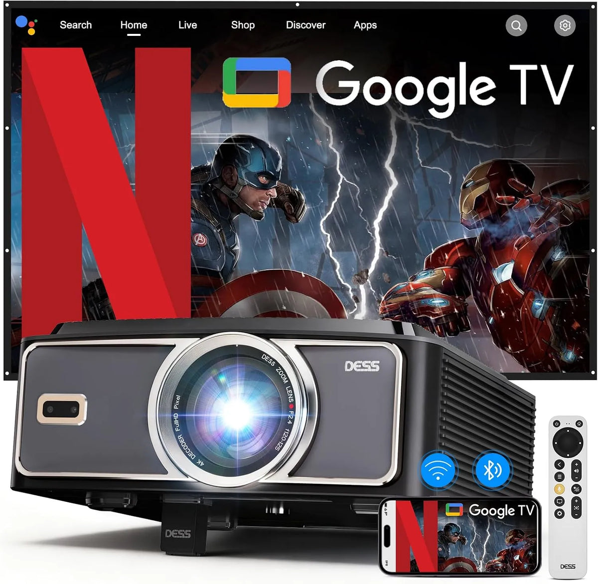 DESS Beamer-4K 2200ANSI, Projektorer, Beamer- 4K [ & Autofocus / Trapezkorrigeringer] Dagslys Beamer med WiFi 6, Sort, 4K, 300 ', 2200 L, 2, 4G